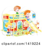 Poster, Art Print Of Cat And White Boys Playing With Toys And A Slide In A Bedroom