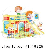Poster, Art Print Of Cat And Caucasian Boys Playing With Toys And A Slide In A Bedroom
