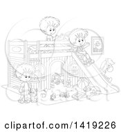 Black And White Lineart Cat And Boys Playing With Toys And A Slide In A Bedroom