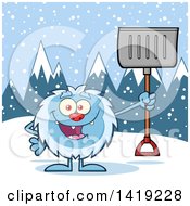 Cartoon Yeti Abominable Snowman Holding A Shovel In The Snow