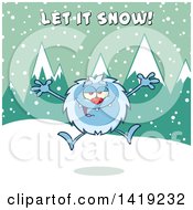 Cartoon Yeti Abominable Snowman Jumping Under Let It Snow Text