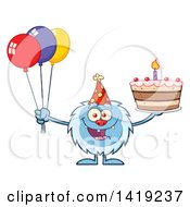 Poster, Art Print Of Cartoon Yeti Abominable Snowman Holding A Birthday Cake And Party Balloons