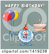 Poster, Art Print Of Cartoon Yeti Abominable Snowman Holding A Birthday Cake And Party Balloons Under Text