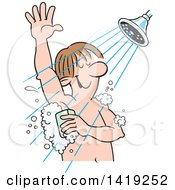 Clipart Of A Cartoon Relaxed Caucasian Man Sudsing Up In The Shower Royalty Free Vector Illustration
