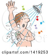 Poster, Art Print Of Cartoon Caucasian Man Singing And Sudsing Up In The Shower