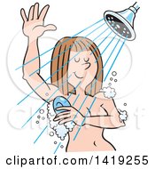 Poster, Art Print Of Cartoon Relaxed Caucasian Woman Sudsing Up In The Shower