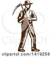 Poster, Art Print Of Retro Brown And White Woodcut Male Farmer Holding A Scythe