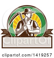 Poster, Art Print Of Retro Brown And White Woodcut Male Farmer Holding A Scythe In A Sunset Circle Over A Blank Banner
