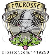 Poster, Art Print Of Retro Knight Helmet Over Crossed Lacrosse Sticks And A Woodcut Banner Shield With Leaves And A Ball
