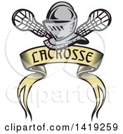 Clipart Of A Retro Knight Helmet Over Crossed Lacrosse Sticks And A Woodcut Banner Royalty Free Vector Illustration