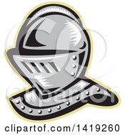 Clipart Of A Retro Woodcut Knight Helmet Outlined In Tan Royalty Free Vector Illustration
