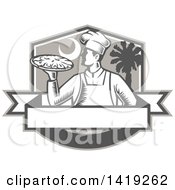 Clipart Of A Retro Woodcut Male Chef Holding A Pizza Pie In A Shield With A Moon And Palmetto Tree Royalty Free Vector Illustration by patrimonio