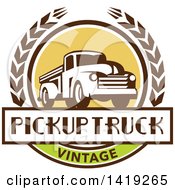 Clipart Of A Retro Vintage Pickup Truck In A Wheat Wreath Over A Text Box Royalty Free Vector Illustration