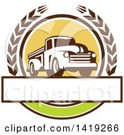 Poster, Art Print Of Retro Vintage Pickup Truck In A Wheat Wreath Over A Blank Text Box