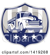 Clipart Of A Retro Vintage Pickup Truck In An American Themed Shield Royalty Free Vector Illustration by patrimonio
