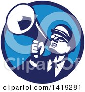 Retro Nerdy Man Shouting Upwards With A Megaphone In A Blue Circle