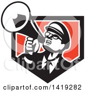 Retro Nerdy Man Shouting Upwards With A Megaphone In A Black White And Red Shield