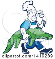 Poster, Art Print Of Retro Chubby Male Chef Carrying An Alligator And Holding Up A Spatula