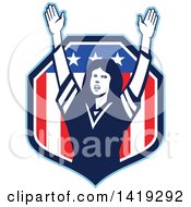 Poster, Art Print Of Retro Female American Football Fan Cheering With Her Arms Up In An American Shield