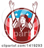 Poster, Art Print Of Retro Female American Football Fan Cheering With Her Arms Up In An American Circle