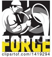 Poster, Art Print Of Retro Foundry Worker Man Pouring Molten Metal Over Forge Text In Black White And Yellow
