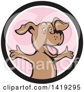Poster, Art Print Of Retro Cartoon Happy Puppy Dog Ohlding His Arms Out In A Black White And Pink Circle