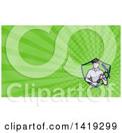 Poster, Art Print Of Retro Cartoon Male Construction Worker Holding A Pickaxe And Green Rays Background Or Business Card Design