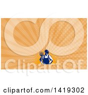 Clipart Of A Retro Male Farmer Or Worker Standing With One Hand In His Pocket And One Hand Holding A Pitchfork Over A Sun Burst And Orange Rays Background Or Business Card Design Royalty Free Illustration