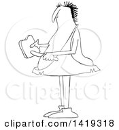 Clipart Of A Cartoon Black And White Lineart Chubby Caveman Spreading Peanut Butter On Toast Royalty Free Vector Illustration