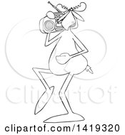 Cartoon Black And White Lineart Moose Listening To Music And Carrying A Boom Box On His Shoulder
