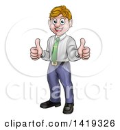 Cartoon Happy Blond Caucasian Business Man Giving Two Thumbs Up