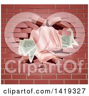 Clipart Of A Caucasian Hand Fisted And Holding Cash Money Breaking Through A Red Brick Wall Royalty Free Vector Illustration