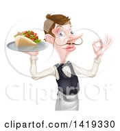Poster, Art Print Of Cartoon Caucasian Male Waiter With A Curling Mustache Holding A Kebab Sandwich On A Tray And Gesturing Okay