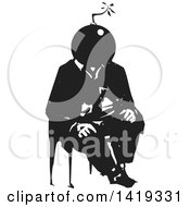 Poster, Art Print Of Black And White Woodcut Bomb Headed Man Sitting In A Chair