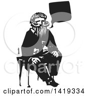 Poster, Art Print Of Black And White Woodcut Talking Old Bearded Man Sitting In A Chair