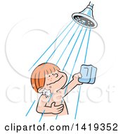 Poster, Art Print Of Cartoon Happy Red Haired Caucasian Boy Holding A Bar Of Soap And Taking A Shower