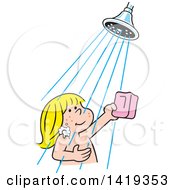 Poster, Art Print Of Cartoon Happy Blond Caucasian Girl Holding A Bar Of Soap And Taking A Shower