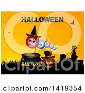 Poster, Art Print Of Silhouetted Cat On A Tombstone By A Pumpkin Cauldron And Bingo Balls Under Halloween Text