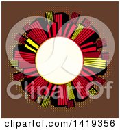 Poster, Art Print Of Blank White Round Frame Encircled With Retro Red Black And Yellow Skyscrapers Over Brown With Dots