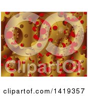 Clipart Of A Background Of Gold Metal Gear Cogs Over Red Royalty Free Vector Illustration