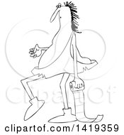Cartoon Black And White Lineart Chubby Caveman Walking And Carrying A Roll Of Toilet Paper
