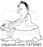 Clipart Of A Cartoon Black And White Lineart Chubby Caveman Sitting On A Boulder And Clipping His Toe Nails Royalty Free Vector Illustration