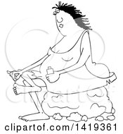 Cartoon Black And White Lineart Chubby Cave Woman Sitting On A Boulder And Painting Her Toe Nails
