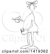 Clipart Of A Cartoon Black And White Lineart Moose Holding A Lit Match Royalty Free Vector Illustration