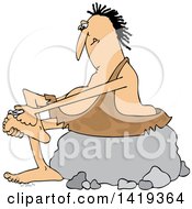 Clipart Of A Cartoon Chubby Caveman Sitting On A Boulder And Clipping His Toe Nails Royalty Free Vector Illustration
