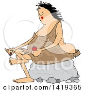 Poster, Art Print Of Cartoon Chubby Cave Woman Sitting On A Boulder And Painting Her Toe Nails