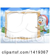 Poster, Art Print Of Happy Snowman Wearing A Christmas Santa Hat And Pointing Around A Blank Sign In A Winter Landscape