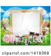 Blank Sign Board Surrounded By Farm Animals With A House In The Background