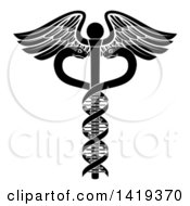 Clipart Of A Black And White Medical Caduceus With DNA Strand Snakes On A Winged Rod Royalty Free Vector Illustration