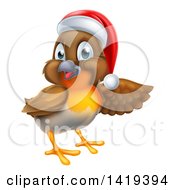 Poster, Art Print Of Christmas Robin In A Santa Hat Pointing To The Right